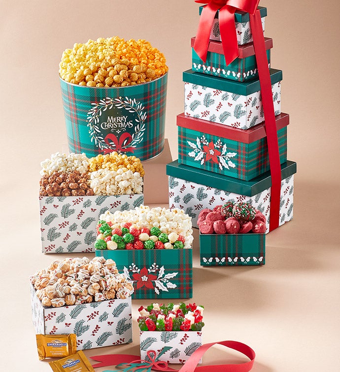 Cozy Christmas 5 Box Gift Tower & 2 Gallon Popcorn Tin 3 Flavor